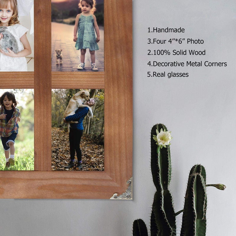 LOSOUR 4x6 picture frames collage, Window Pane 4 Opening 4x6 picture frame with Decorative Metal Corners for Table Top Display and Wall mounting Photo Frame (Brown, 16.2x12.2 inch) - Image 5